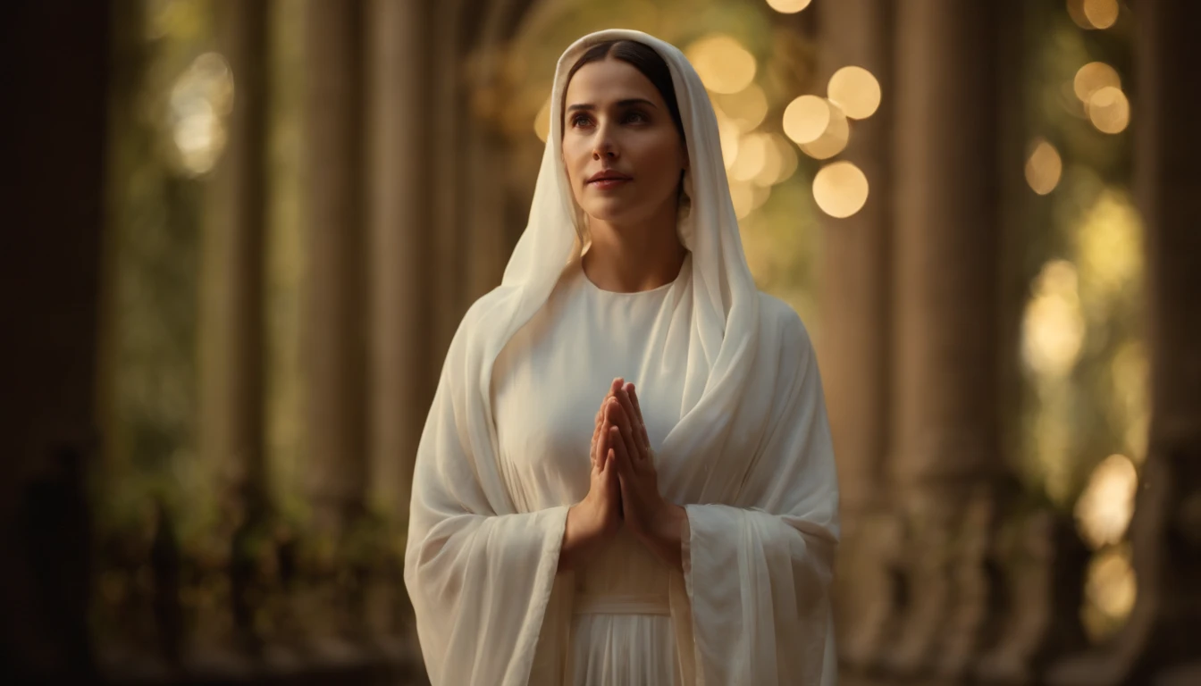 Uma jovem mulher, headscarf, recebe a visita de um anjo celestial que anuncia o nascimento de Jesus, ela ouve o que o anjo lhe diz, anjo com veste celestial envolto em luz, Annunciation of Jesus, MARIA, immaculate conception, Arte sacra