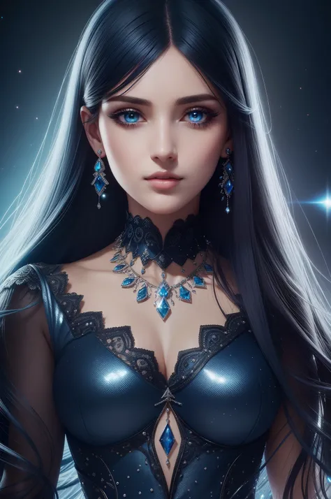 ultra detailed beautiful woman, 25 years-old woman, stunningly beautiful, dark blue hair, dark blue dress, dark blue eyes, her whole head is visible with hair, dark blue jewel necklace, earrings, dark blue eyeshadow visible on her eyelids and eyeliner on h...