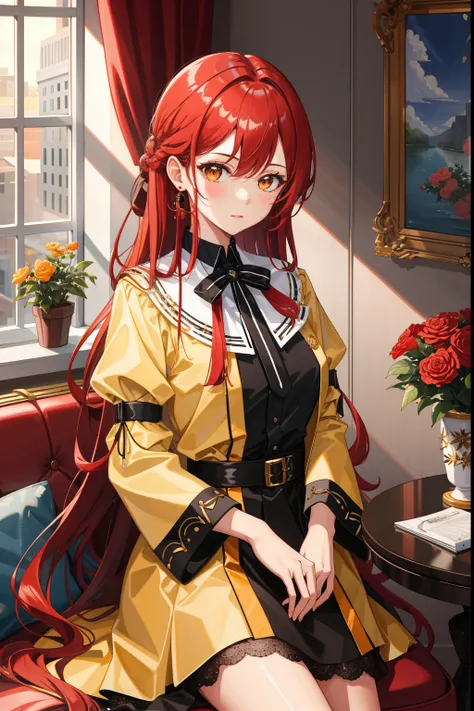 (Masterpiece:1.2), (best quality:1.2), intricate details, ultra detailed, 1girl, red hair, orange eyes, dress, shiny clothes, indoors, furniture,