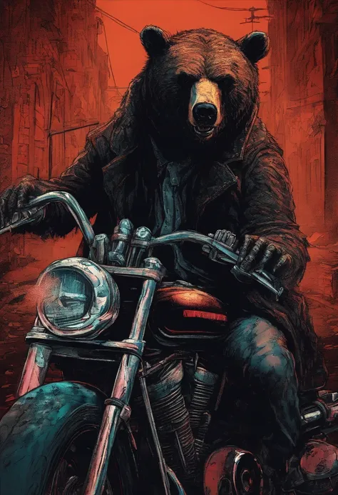 a bear, red scarf, black sunglasses, sinister smile, Hes sitting on a harley davidson motorcycle, (vivid colors: 1.5)