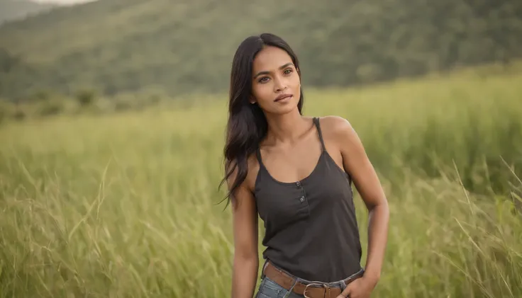 east timorese beauty model long black hair short jeans and tanktop stand in the midel of high grass (full body) best quality 8K, natural ligth, ultra realistic, natural photograpy