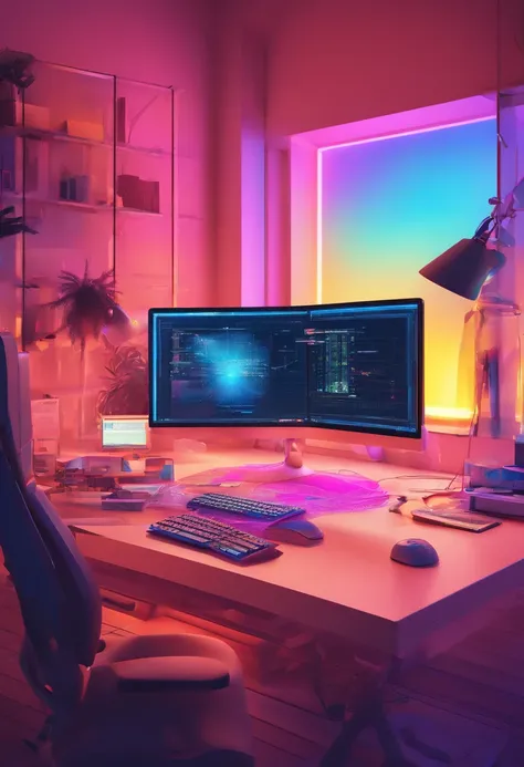 A computer desktop filled with futuristic technology. Illuminated by vibrant LED lights, the desk emanates a soft blue glow, creating an otherworldly ambiance. The camera, positioned at a slight low angle, captures the sleek, minimalist design of the desk....