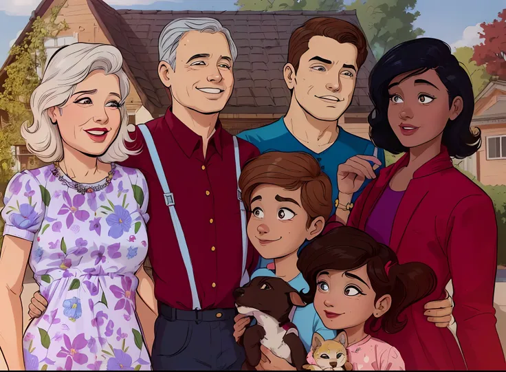 a family of 6 people ( uma senhora 60 anos , um senhor 60 anos , um homem 40 anos, uma mulher 40 anos, um boy 12 anos, segurando um cachorro, e uma girl 8 anos segurando uma gata)  na frente de uma casa, Cartoon style illustration,