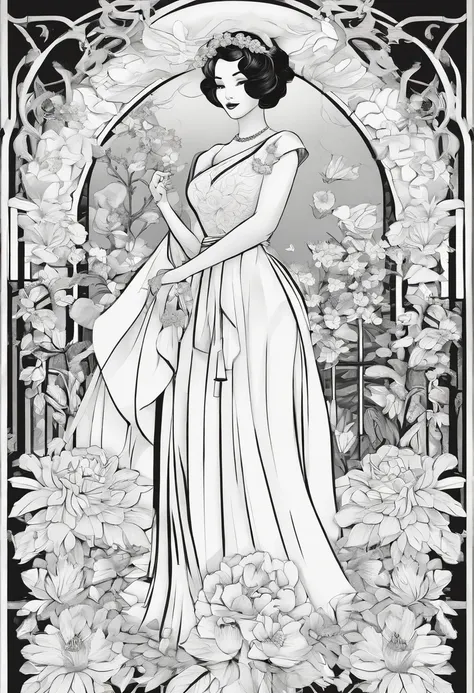 Black and white stick figure 1 girl with daffodil flowers in background, loli in dress with flowers, its fine ink line art, comic style, portrait of polynesian girl, Marilyn Munroe, Hollywood glam, beautiful line art, black and white comic style, manga sty...