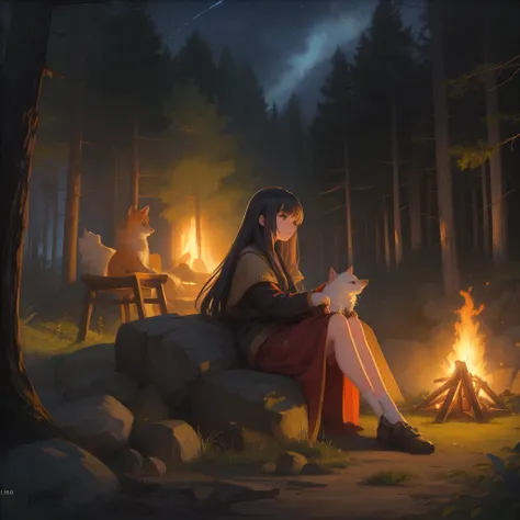 best quality, masterpiece, extremely detailed, detailed background, pixelart, 1girl, sitting on a rock, in a forest, starry sky, campfire, wildness, animals