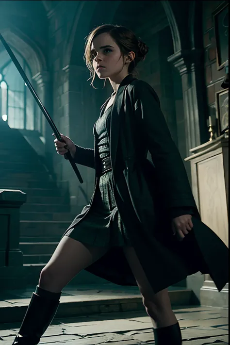 Emma Watson, a fight with Lord Voldemort inside Hogwarts castle, cinematic, movie scene