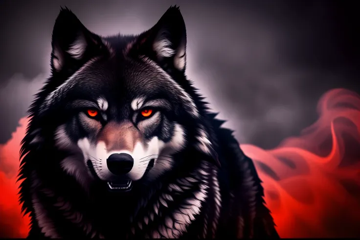 dark palette wolf, glowing smoke big red eyes, sharp long fang, wind with high speed line, fine delicate soft fur, threatening look, black metal plate with chinese ink art, gland level shot, from below,