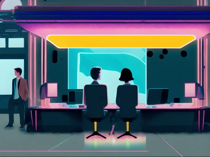 an illustration of two sad people talking, a business office, cores neon por kilian eng