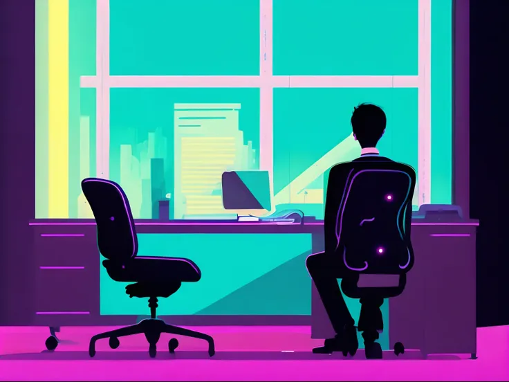 an illustration of a sad person with his head down, a business office, cores neon por kilian eng