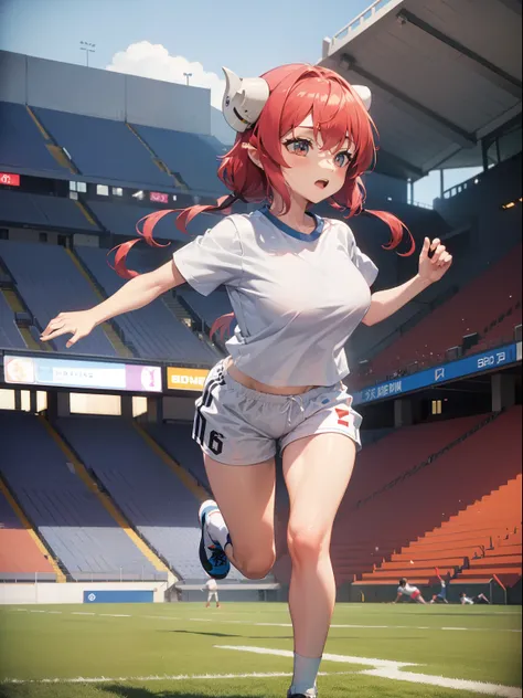 Ilulu with a white shirt and white shorts (running)(football stadium)(full body)