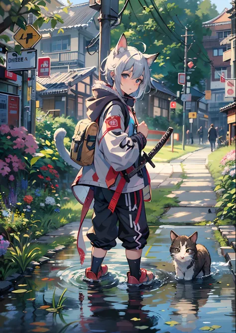 1boy,Mans ,Cyberpunk Boy、katanas,machine gun、Cats ears、silber hair、poneyTail、The beginning of the adventure、during daytime、Into the cloud、ruined and devastated city、Complex Japan buildings、temple,railroad crossing、Bus stop、Trees、Warm lighting、puddles、Good ...