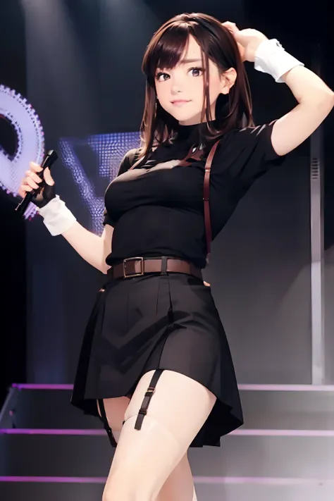 Black skirt, 　suspenders, Brown hair Gray eyes, Garter belt on the legs, Tight clothes, 　　 a belt　Armpit sweat　　Dark look　Moderate breasts