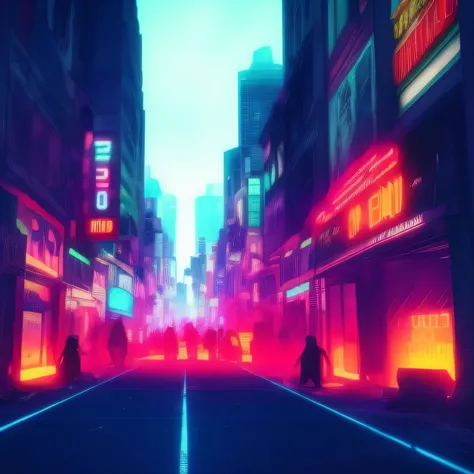 abandon city, zombies in background, neon colors