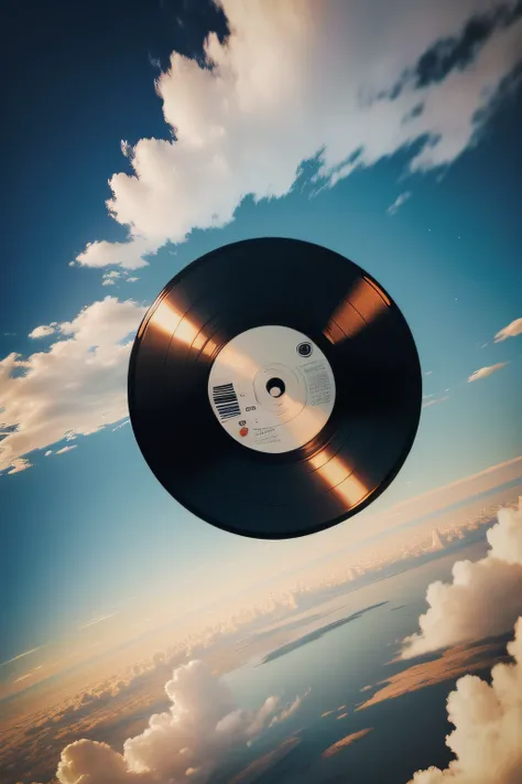 A vinyl record flying in the night sky