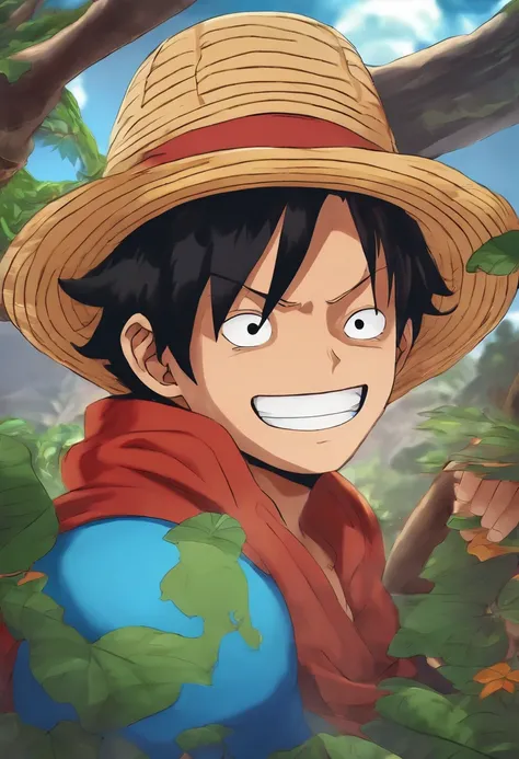 Estilo anime mokey de luffy, clima quente, ceu nublado