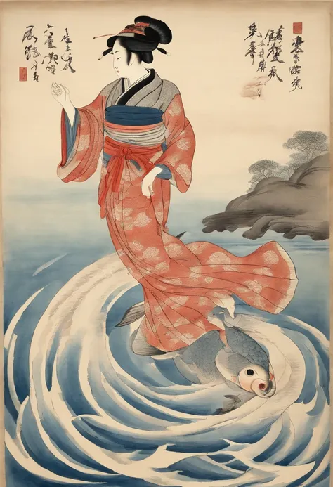 Best Quality, Kitagawa Utamaros style, ukiyoe painting, Dancing Woman, (Floating carp), Flying carp