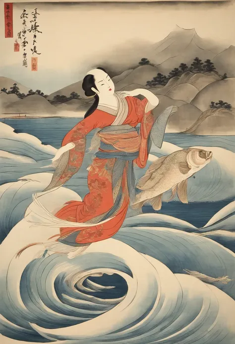 Best Quality, Kitagawa Utamaros style, ukiyoe painting, Dancing Woman, (Floating carp), Flying carp