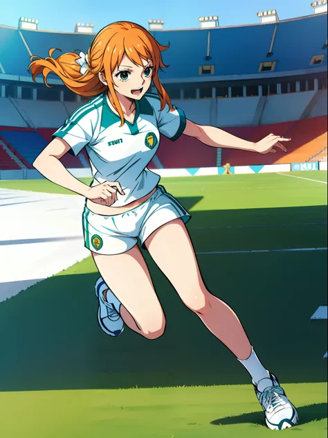 Nami with a white shirt and white shorts (running)(futball stadium)(full body)