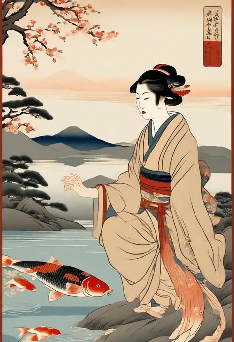 (masutepiece, Stunning murals in the style of Japan ukiyo-e, Depicting a woman observing two carp in a calm lake:1.3), (Meticulously crafted to capture the elegance and simplicity of ukiyo-e aesthetics:1.2), (Female posture and facial expressions reflectin...