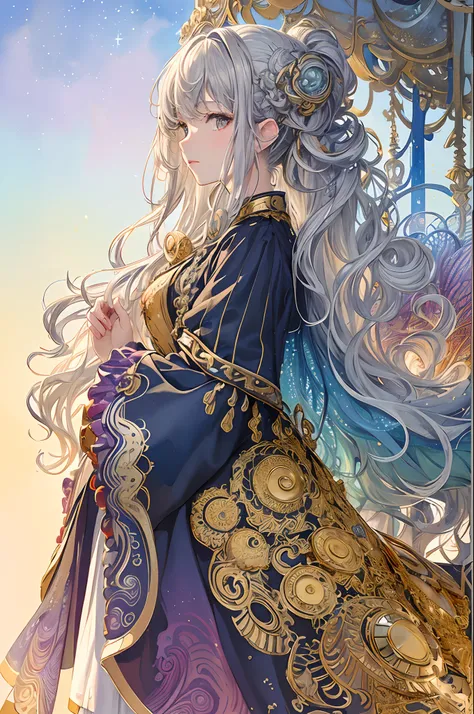 (​masterpiece、top-quality、top-quality、watercolor paiting(Curly)、Official art、Beautifully Aesthetic:1.2)、(1girl in:1.3)、(Fractal Art:1.3)、The upper part of the body、From Side、looking at the viewers、patterns、(colourful hair、Half gold and half silver hair:1.4...