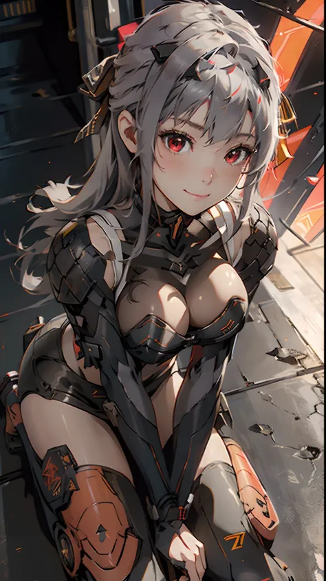 1 girl, tie up hair, left side swept hair, long gray hair, red eyes, innocent smile, black mech armor, cool and sexy face, black...