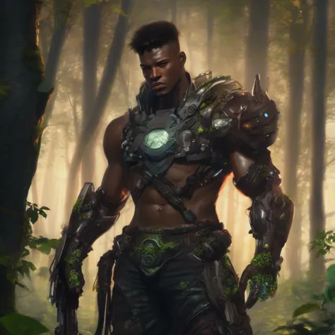 dark male cyborg , forestpunk