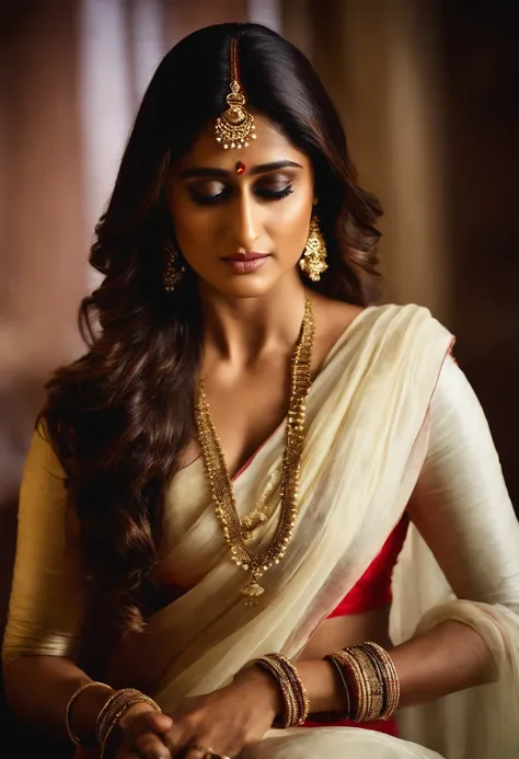 ileana dcruz with sari, proper bengali look, red bindi, without jewellery,