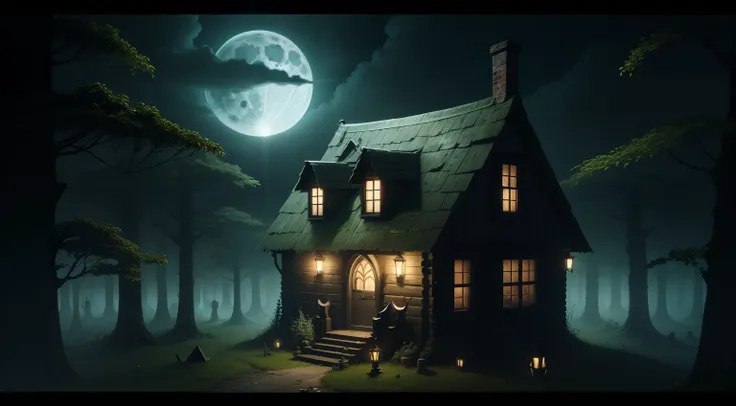 creepy witches cottage in the dark forest, green slime, full moon, ((demons sat on roof)), witches brrom sick against front door