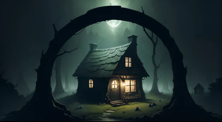 creepy witches cottage in the dark forest, green slime, half moon, ((demons sat on roof)), witches broom stick against front door