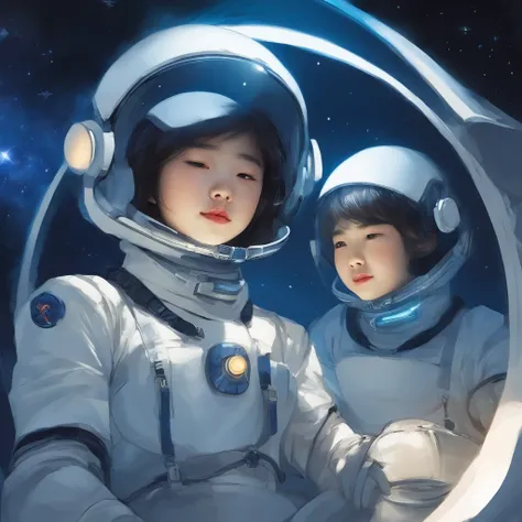 future world. Three Korean 12-year-old short-haired girls and boys, wearing blue and white space combat suits, were resting, eating, and sleeping on the battlefield. comic style.