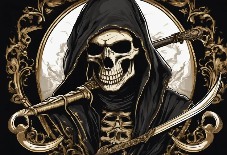 printable t-shirt vector of image skull with a scythe in his hand dark style, drawn art style image, image with white background, black and white toned image gold frame