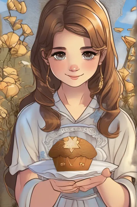 a girl with brown hair holding a host in one hand, this scene should radiate joy and faith, the girl should be smiling with bright eyes, and the scene should convey the importance and sacredness of the First Communion moment.