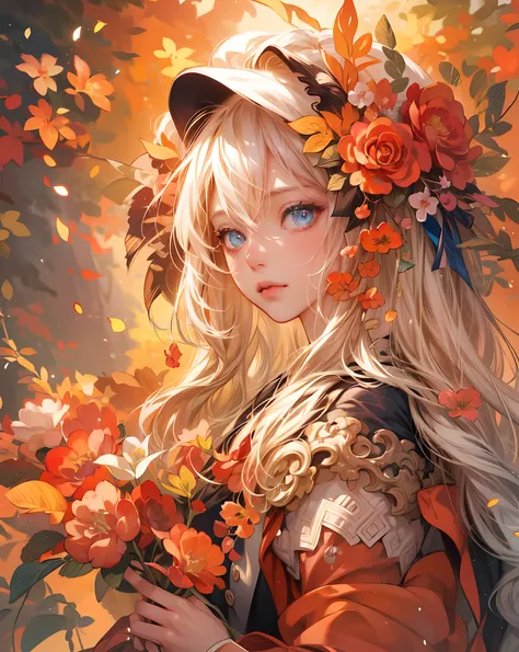 a girl with long blonde hair and ((blue eyes)) surrounded by flowers, detailed digital anime art, ross tran style, beautiful anime portrait, digital anime art, roses in her hair, beautiful anime artwork, high quality portrait, digital anime illustration, d...