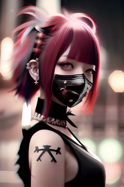 Sleeveless、The tattoo、bob cuts、bright red、Really red、Red、Red-haired、rot、red hairs、head phone、🎧、goth_punk, 1girl in, 独奏, medium shot, Walking in Harajuku, ((during night)), bokeh dof, Neon light, Iridescent eyes, starrysky, red glowing hair, Black eyebrows,...