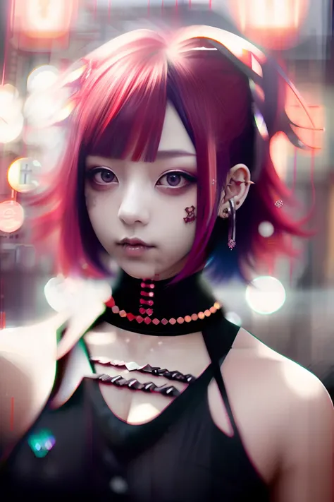 Sleeveless、The tattoo、bob cuts、bright red、Really red、Red、Red-haired、rot、red hairs、head phone、🎧、goth_punk, 1girl in, 独奏, medium shot, Walking in Harajuku, ((during night)), bokeh dof, Neon light, Iridescent eyes, starrysky, red glowing hair, Black eyebrows,...