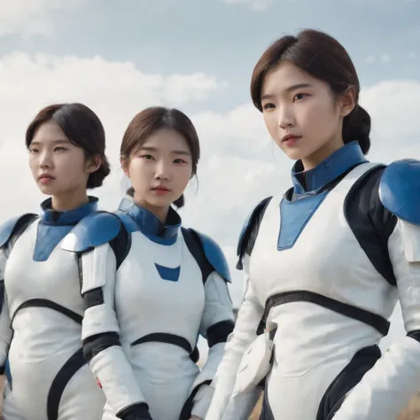 future world. Three Korean 15-year-old short-haired girls, wearing blue and white space combat suits, were resting and eating on the battlefield. comic style.