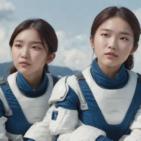 future world. Three Korean 15-year-old short-haired girls, wearing blue and white space combat suits, were resting and eating on the battlefield. comic style.