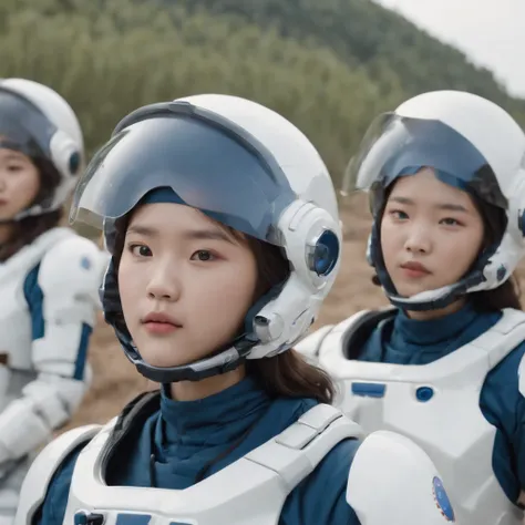 future world. Three Korean 15-year-old short-haired girls, wearing blue and white space combat suits, were resting and eating on the battlefield. comic style.