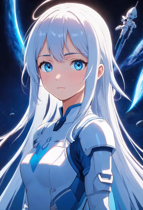 anime girl with long white hair blue skin and blue eyes in a dark room, white hime cut hairstyle, portrait anime space cadet girl, inspired by INO, anime styled 3d, beautiful female android!, the hime cut, made with anime painter studio, perfect android gi...