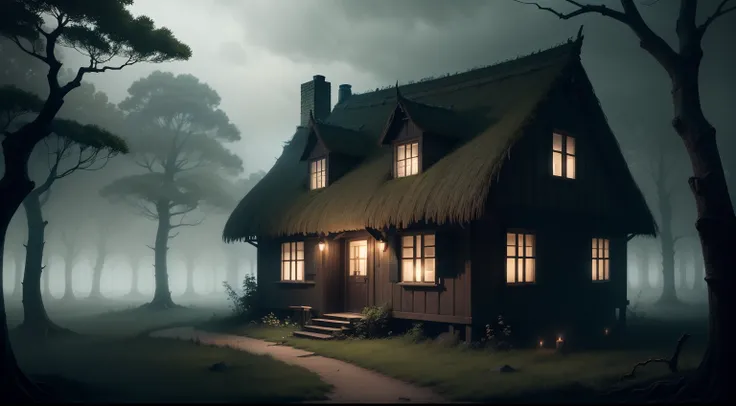 creepy witches cottage with thatched roof, gloomy atmosphere, enchanted forest, thick vegetation, foggy night.