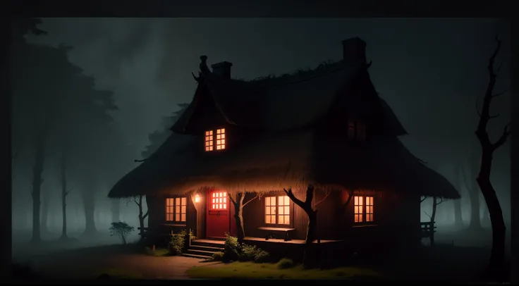 creepy witches cottage with thatched roof, red light, enchanted forest, thick vegetation, foggy night.