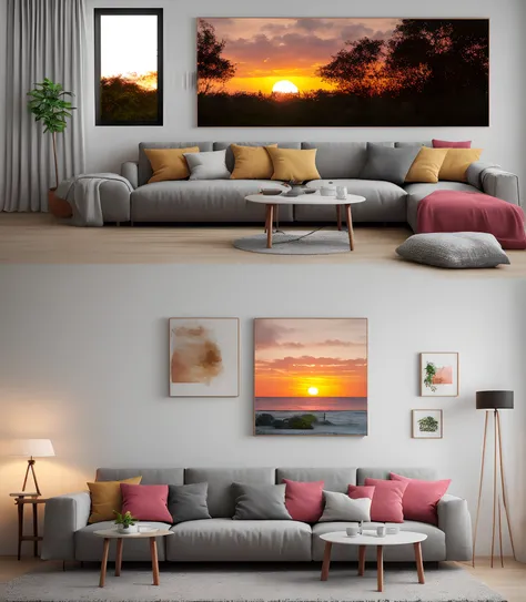 sala de estar，sofa，hug pillow，Pintura，decoration，varanda，the setting sun，scenecy，dentro no quarto，4k，tmasterpiece，A high resolution，extremamente intrincado）（realista：1.4），3D Clay Rendering，fundo rosa，c4d