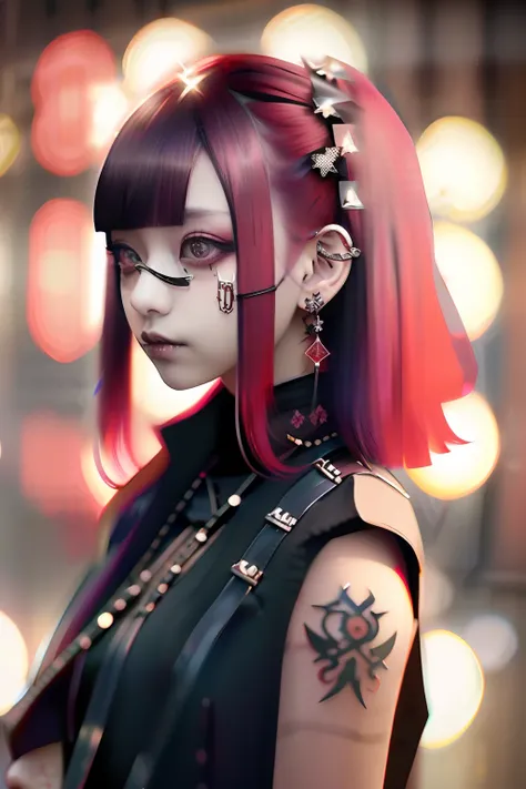 Sleeveless、The tattoo、bob cuts、bright red、Really red、Red、Red-haired、rot、red hairs、head phone、🎧、goth_punk, 1girl in, 独奏, medium shot, Walking in Harajuku, ((during night)), bokeh dof, Neon light, Iridescent eyes, starrysky, red glowing hair, Black eyebrows,...