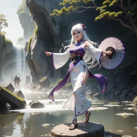 A girl with long snow white hair, purple shining eyes, wearing traditional Chinese garments, holding a fan, dancing in the middle of a stone ruin, surrounded by water and lillies.