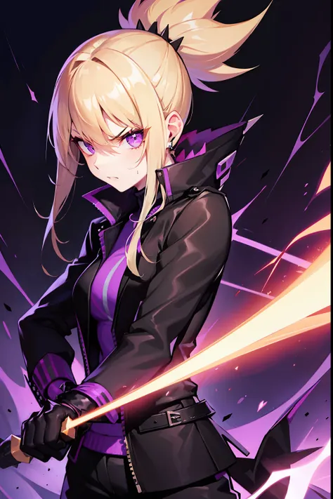 black jacket, spiky blonde ponytail, long side bangs, purple eyes, angry, electric dagger, assassin