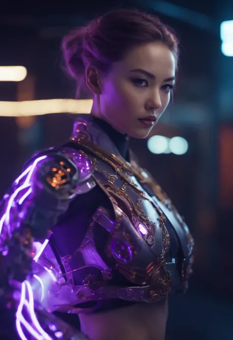 realistic RAW photo, mid distance portrait, high resolution, a beautiful she-robot with mechanic components wearing a yukata and lingerie, she has a kung fu fighting pose, sparks and lightning, purple neon lights