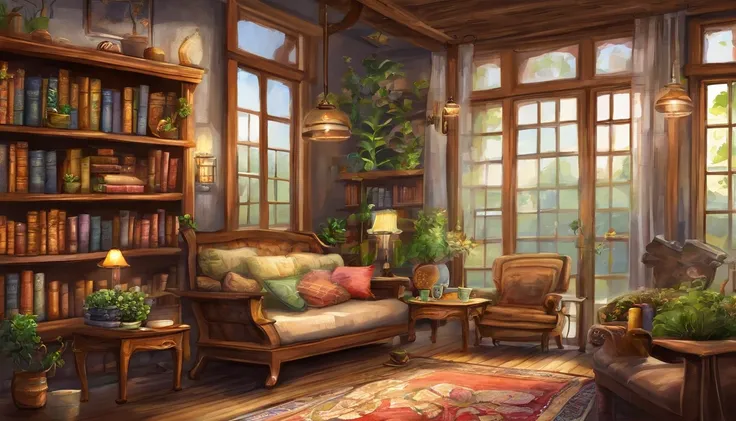 There is a living room，There are a lot of books on the shelves, cozy cafe background, cozy place, cozy environment, designed for cozy aesthetics, Relaxing concept art, cozy home background, Cozy atmosphere, pleasant cozy atmosphere, highly detailed scenari...