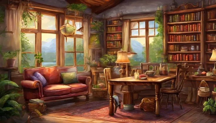 There is a living room，There are a lot of books on the shelves, cozy cafe background, cozy place, cozy environment, designed for cozy aesthetics, Relaxing concept art, cozy home background, Cozy atmosphere, pleasant cozy atmosphere, highly detailed scenari...