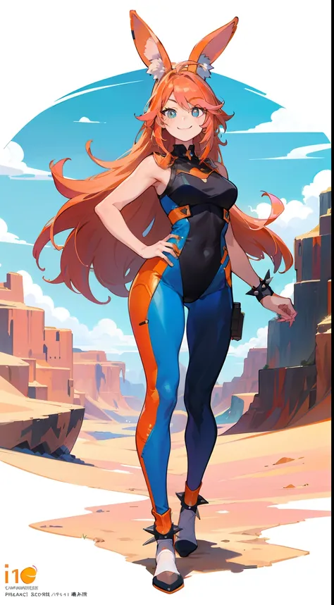 (masterpiece:1.2, best quality), tsuka kendou, 1woman, cute face, determand look, smile, long legs, full body, adult mature female (spiky orange-pink hair, (orange-pink mullet 1.1)), (very long hair), blue eyes, (white/yellow pupil,) hero, sleeveless blue ...