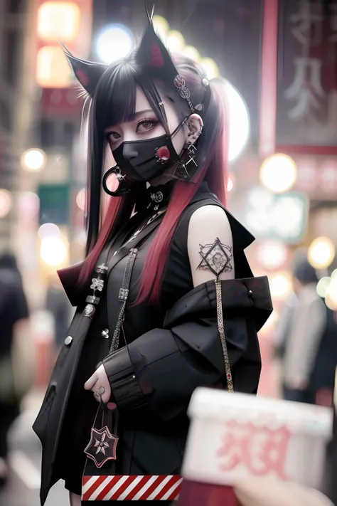 Sleeveless、The tattoo、bright red、Really red、Red、Red-haired、rot、red hairs、head phone、🎧、goth_punk, 1girl in, 独奏, medium shot, Walking in Harajuku, ((during night)), bokeh dof, Neon light, Iridescent eyes, starrysky, red glowing hair, Black eyebrows, Radiant ...